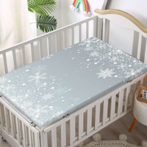 Snowflake Themed Fitted Crib Sheet,Standard Crib Mattress Fitted Sheet Soft Toddler Mattress Sheet Fitted -Baby Sheet for Boys Girls,52 x 28 Inch,Pale Blue Grey and White