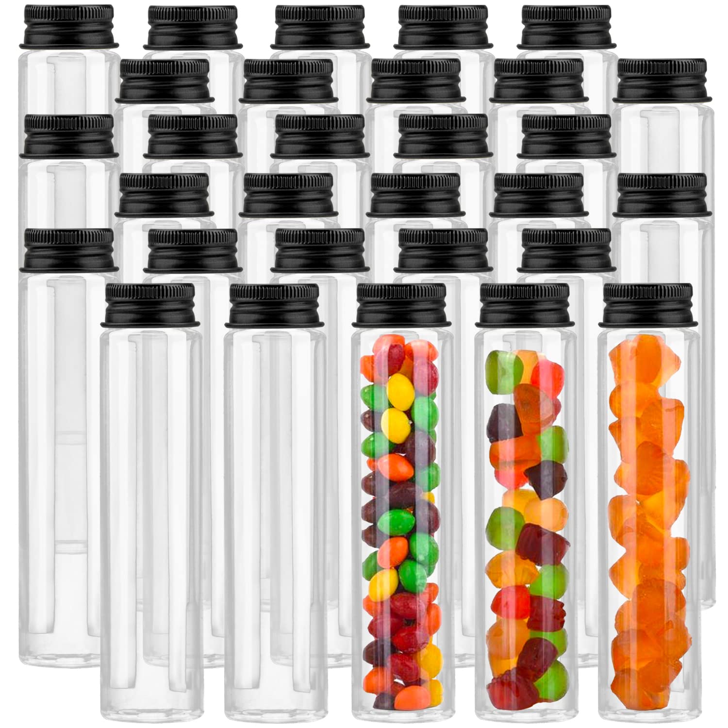 Clear Test Tube,36 Pack Clear Plastic Test Tubes Candy Tube Transparent Test Tubes with Cap,Flat Bottomed Plastic Tubes Bath Salt Container,3.7 OZ (Black Cap)