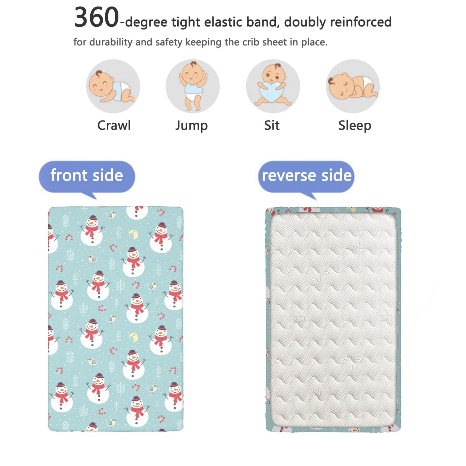 Snowman Themed Fitted Crib Sheet,Standard Crib Mattress Fitted Sheet Soft and Breathable Bed Sheets -Baby Crib Sheets for Girl or Boy,28“ x52“,Pale Blue Grey and Multicolor