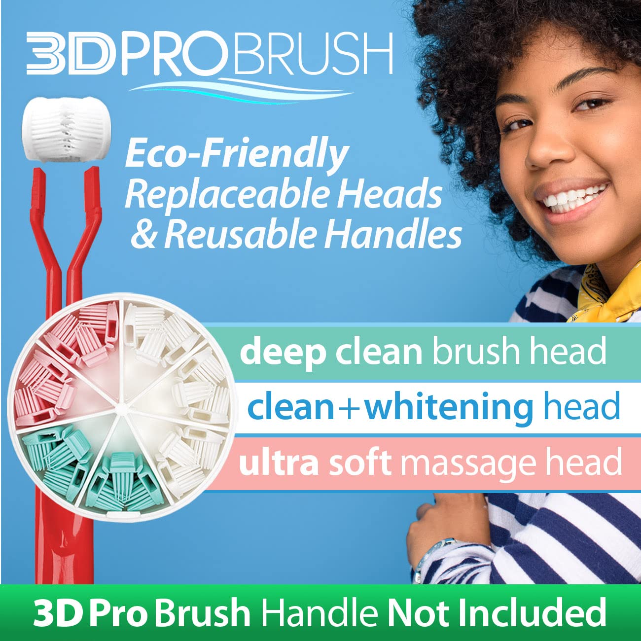 3D PRO BRUSH | 3-Sided Toothbrush | 7-Pack Replacement Heads | 3X Triple Clean + Soft Gum Massage| Built-In Tongue Scraper | Sustainable Eco-Friendly Design | Kids Adults Braces Travel | MADE IN USA