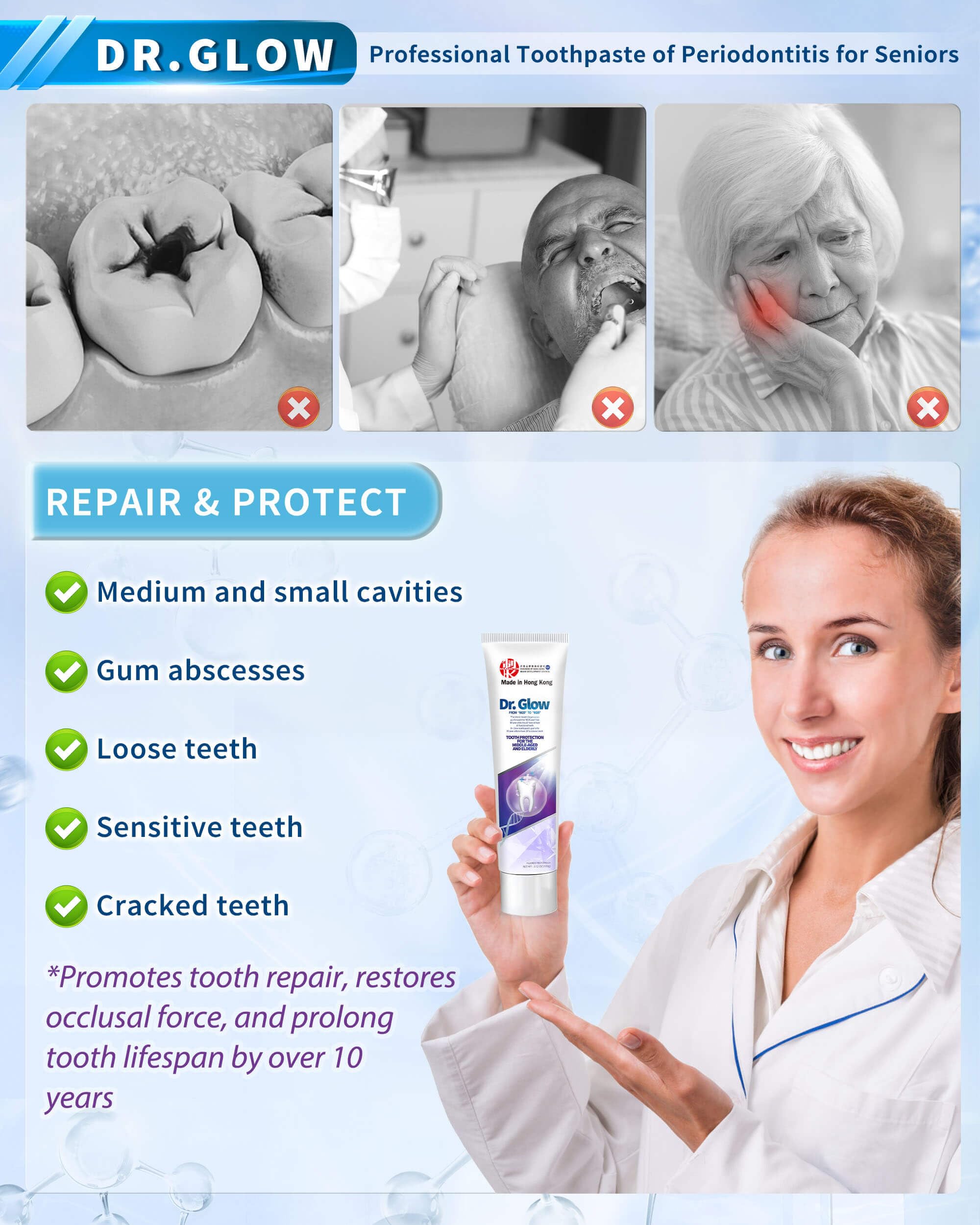 Dr. Glow Gingivitis Treatment Toothpaste for Elderly & Mid-Aged, Gum Repair for Receding Gums Hydroxyapatite Toothpaste, Periodontal Disease Treatment for Seniors, Fluoride Free Gum Disease Treatment