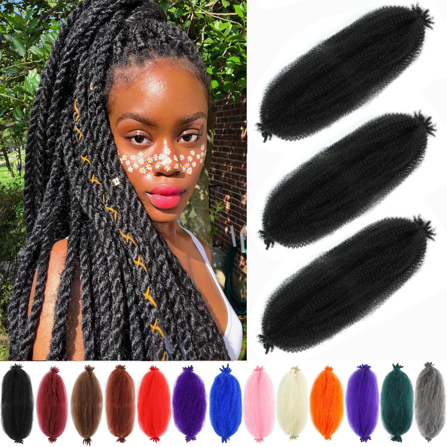 Afro Twist Hair 16Inch 3Packs Springy Afor Twist Hair Pre Fluffed Spring Twist Hair (16 Inch (Pack of 3), 1B#) …