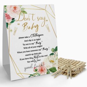 don't say baby clothespin games sign(1 sign + 50 mini clothespins), gold pink roses baby shower games, baby shower decoration, gender neutral baby shower-(2a)