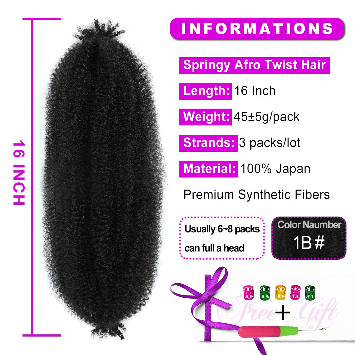 Afro Twist Hair 16Inch 3Packs Springy Afor Twist Hair Pre Fluffed Spring Twist Hair (16 Inch (Pack of 3), 1B#) …