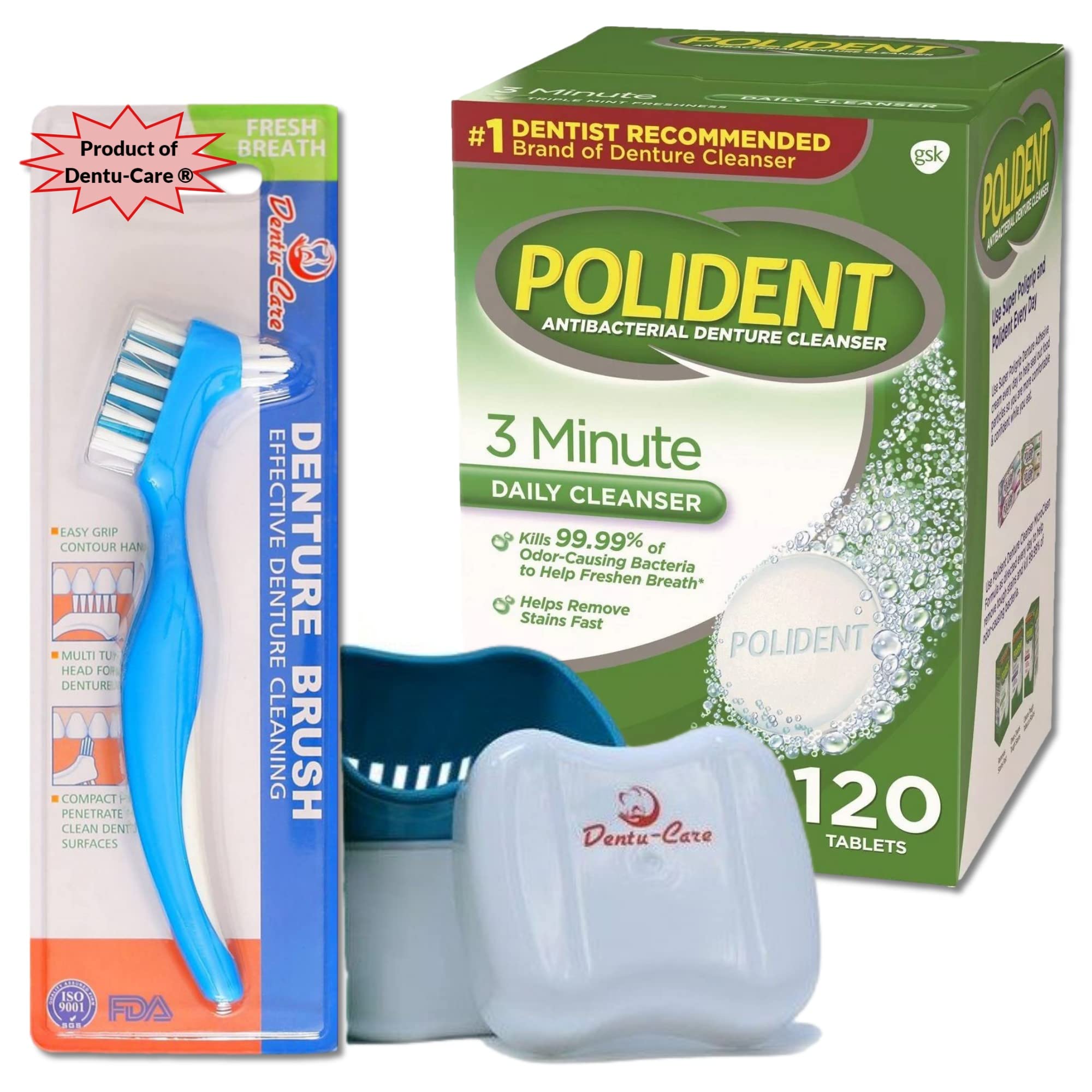 Polident 3 Minute Denture Cleaner 120 Triplemint Tablets bundle with Dentu-Care Denture Case and Denture Brush for Maintaining Good Clean for Full/Partial Dentures Mouthguards