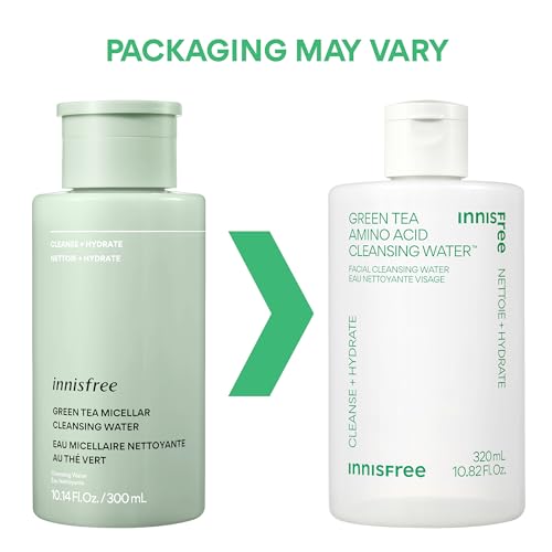 innisfree Green Tea Amino Acid Cleansing Water, Hydrating Micellar Water, Korean Skincare Makeup Remover, Dermatologist Tested (Packaging May Vary)