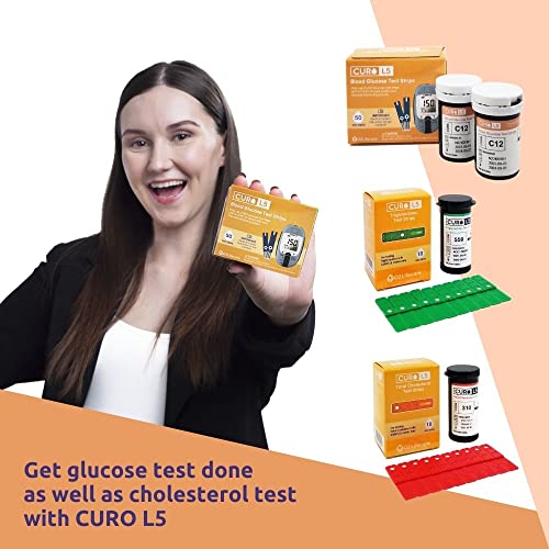 Home Blood Cholesterol Test Kit - CURO L5 Digital Meter - (10 Total Cholesterol Strips & 10 Triglycerides Test Strips and 50 Glucose Test Strips Included)