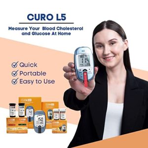 Home Blood Cholesterol Test Kit - CURO L5 Digital Meter - (10 Total Cholesterol Strips & 10 Triglycerides Test Strips and 50 Glucose Test Strips Included)