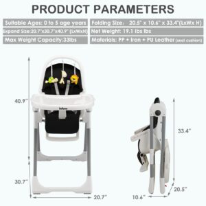 INFANS High Chair for Babies and Toddlers, Foldable Highchair with 7 Different Heights 4 Reclining Backrest Seat 3 Setting Footrest, Removable Tray Built-in Rear Wheels with Locks (Black)