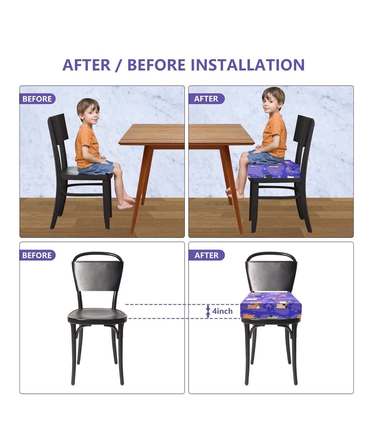 Toddler Booster Seat for Dining Table, KIDUN Portable Dining Chair Heightening Cushion, Washable Adjustable Booster Chair Increasing Cushion for Kids with Safety Buckles and Non-Slip. (Purple)