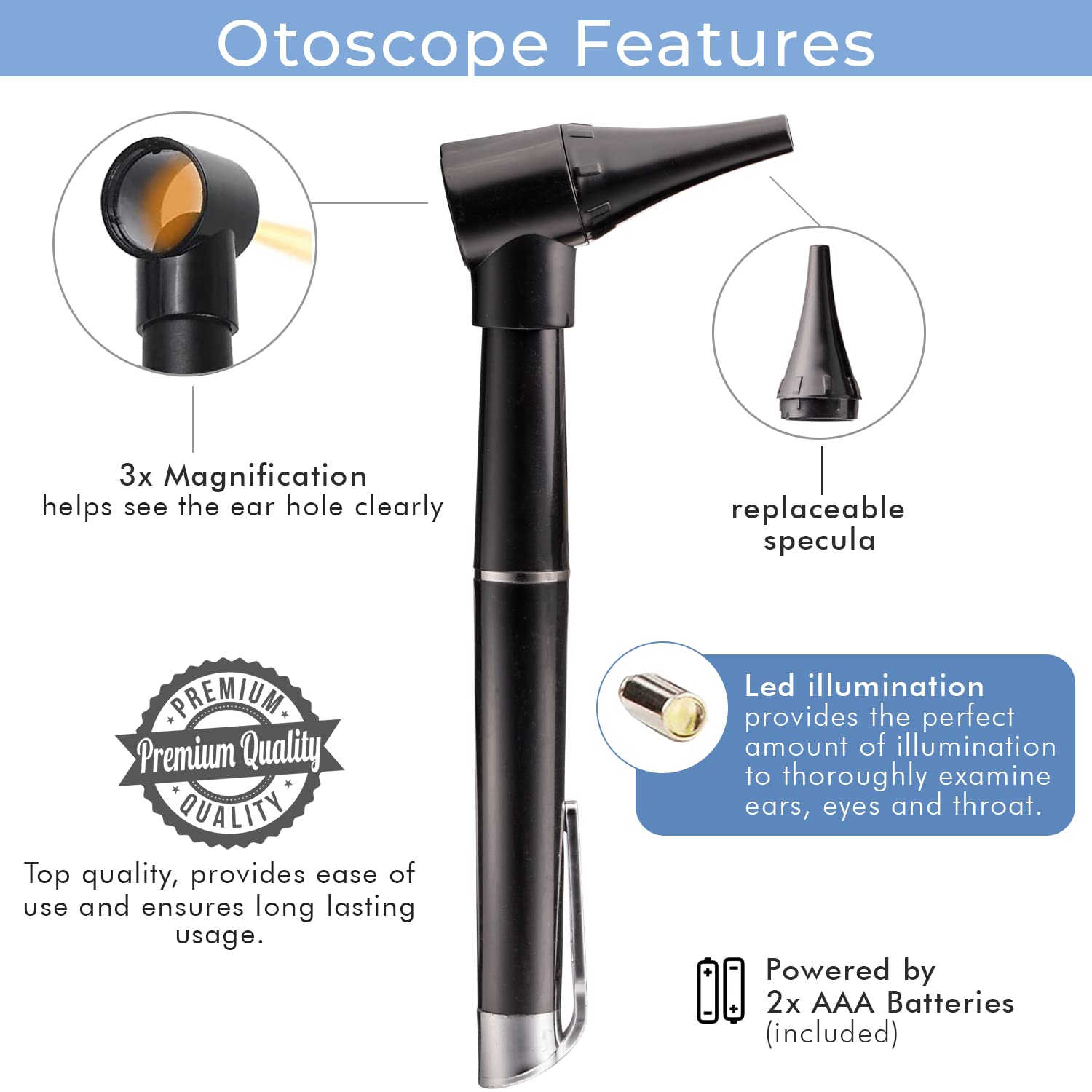 Novamedic Pack of 5, Pocket Otoscope Kits with LED Light Ideal for Ear Infection Diagnostics, Nurses Doctor EMTs & Medical Students, 3 Size Replacement Specula Tips