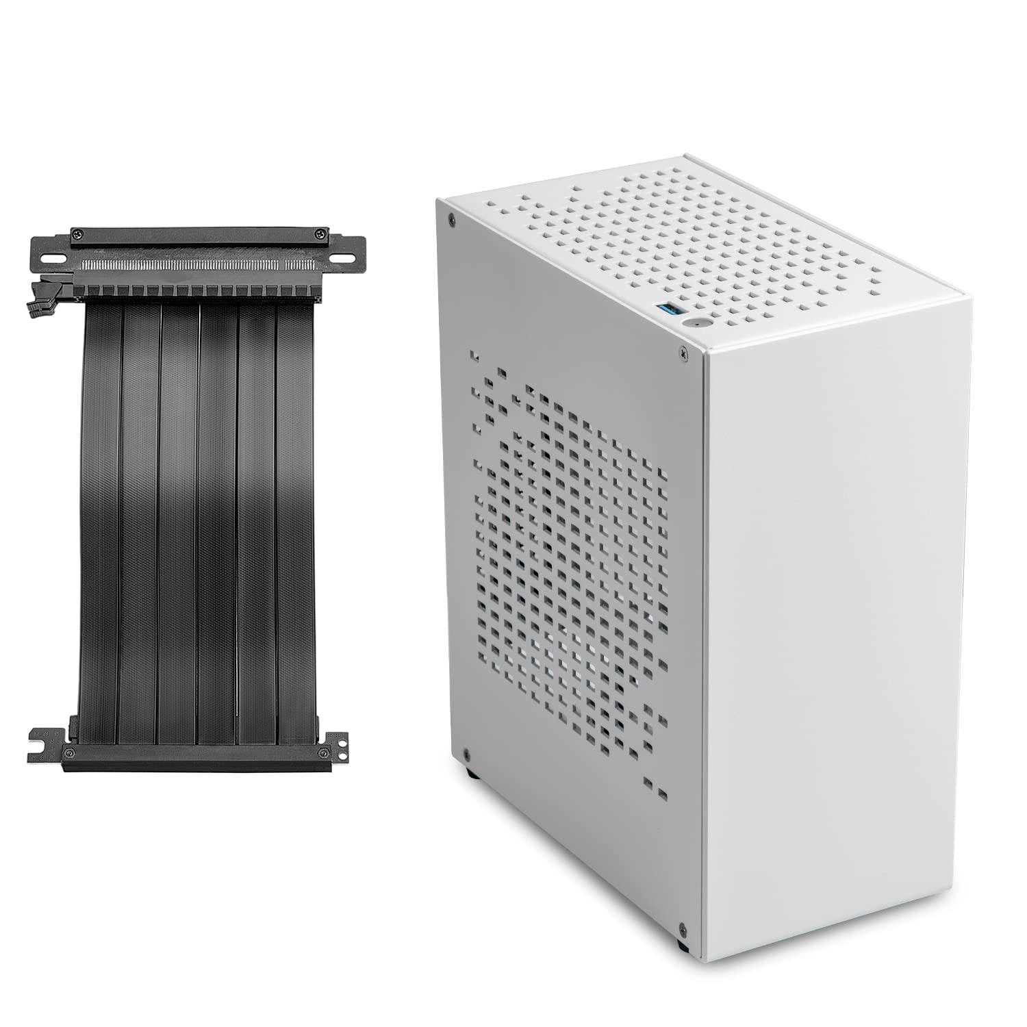 Aluminum Mini ITX Case with PCIe Riser, JOYJOM Mini PC Case, SFF Small Form Factor PC Case, TX Computer Gaming Case Supports GPU Graphics Card (White)