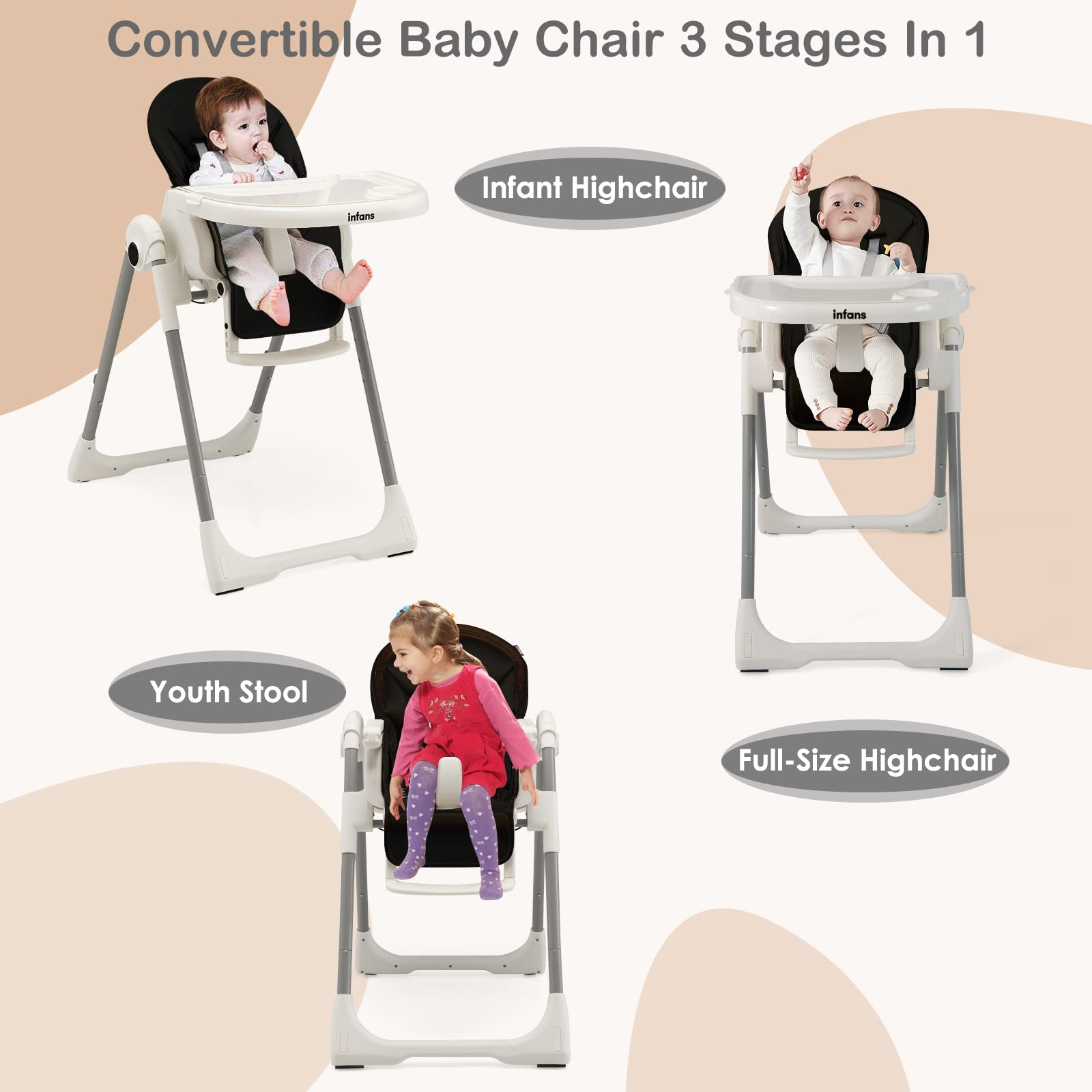 INFANS High Chair for Babies and Toddlers, Foldable Highchair with 7 Different Heights 4 Reclining Backrest Seat 3 Setting Footrest, Removable Tray Built-in Rear Wheels with Locks (Black)