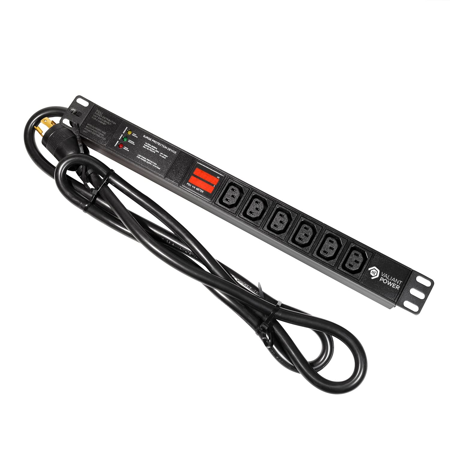 Valiant Power Rack Mount Power Strip - 240V 30A Single Phase PDU with Built-in Surge Protector, Volt & Amp Meter for Data Center - 19” Metal Housing, Ears & Fittings Included, 6’ Cable, 6 Outlets