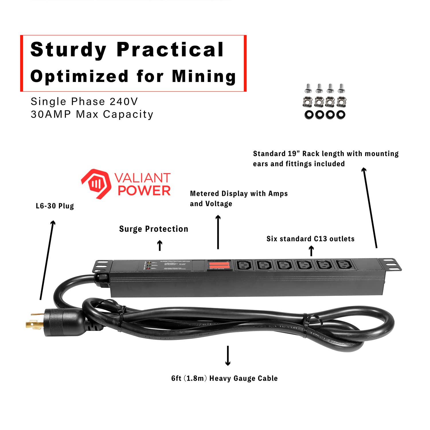 Valiant Power Rack Mount Power Strip - 240V 30A Single Phase PDU with Built-in Surge Protector, Volt & Amp Meter for Data Center - 19” Metal Housing, Ears & Fittings Included, 6’ Cable, 6 Outlets