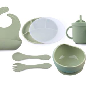 Silicone Feeding Utensils Set 8Pcs For Baby- Led Weaning Essentials-Divided Suction Plate-Lid-Bowl-Fork-Spoon-Adjustable Bib-2in1 Drinking + Snack Cup, Gift for Infant and Toddler (Oliver Green)