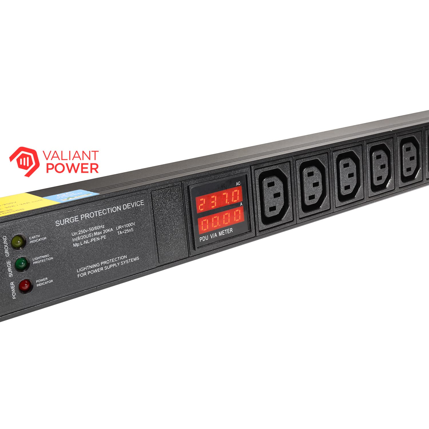 Valiant Power Rack Mount Power Strip - 240V 30A Single Phase PDU with Built-in Surge Protector, Volt & Amp Meter for Data Center - 19” Metal Housing, Ears & Fittings Included, 6’ Cable, 6 Outlets