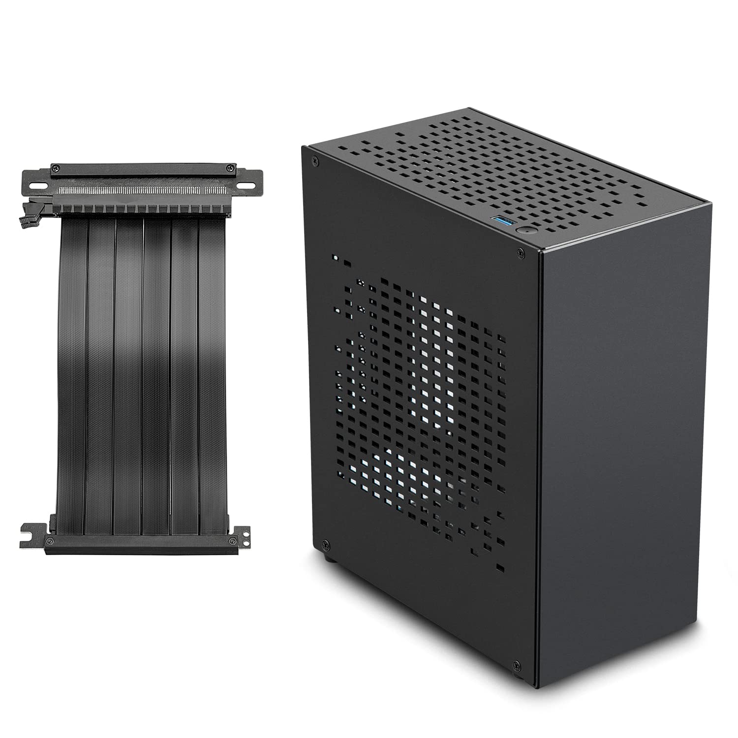 Aluminum Mini ITX Case with PCIe Riser, JOYJOM Mini PC Case, SFF Small Form Factor PC Case, TX Computer Gaming Case supports GPU Graphics Card (Black)