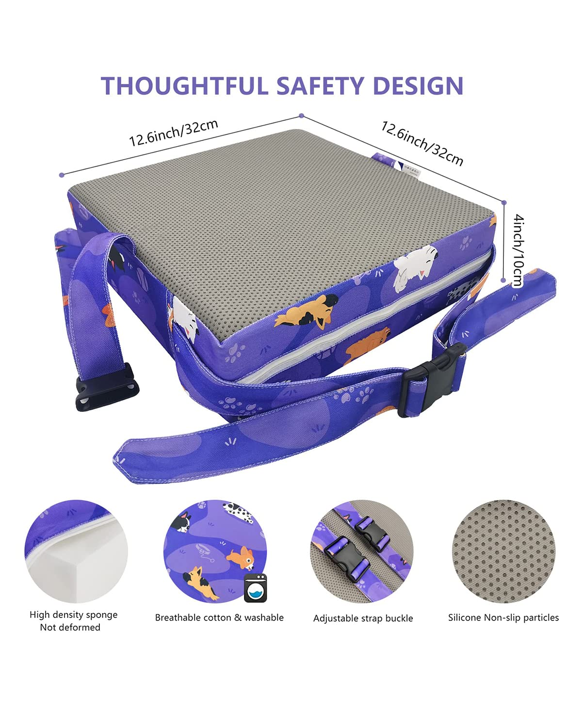 Toddler Booster Seat for Dining Table, KIDUN Portable Dining Chair Heightening Cushion, Washable Adjustable Booster Chair Increasing Cushion for Kids with Safety Buckles and Non-Slip. (Purple)