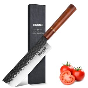 huusk japan knife, nakiri knife japanese vegetable knife 7 inch, multipurpose asian kitchen chef knife,hand forged high carbon steel sharp cleaver, ergonomic rosewood handle, gift box for dad