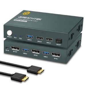 usb 3.0 kvm switch displayport 2 port 4k@60hz, dp kvm with usb 3.0 & usb 2.0 port, kvm switch for 2 pcs share 1 monitor and keyboard mouse, button switch, with 2 dp cables and 2 usb 3.0 cables