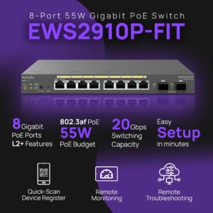 EnGenius Fit L2 Plus Managed 8-Port Gigabit PoE Switch | 55W Budget | 2 SFP Uplink Ports | 20 Gbps Switching Capacity [EWS2910P-FIT]