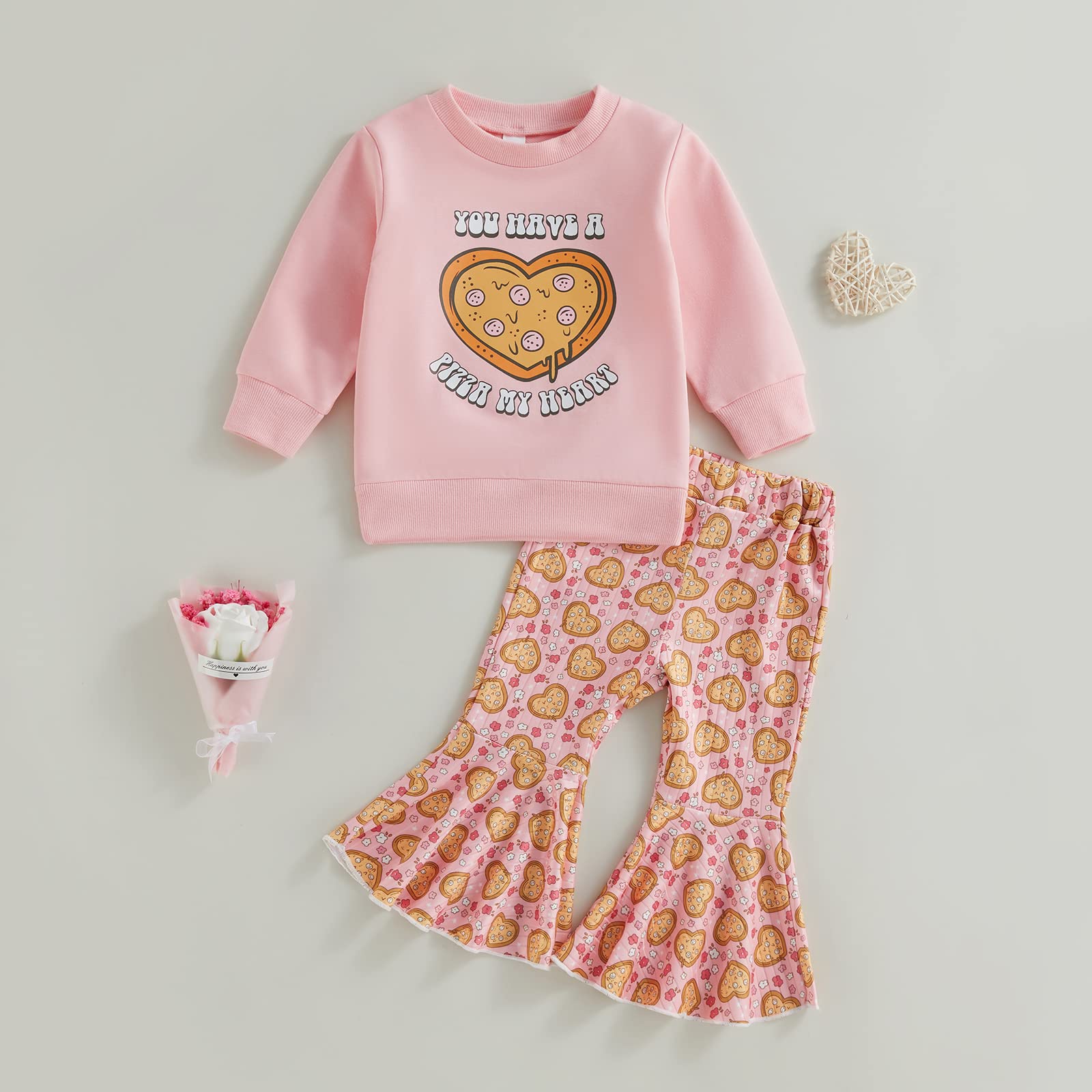 2Pcs Toddler Baby Girls Valentine's Day Outfits Letter Print Sweatshirts Pullover Tops Heart Print Flare Pants Clothes (Pink, 2-3 Years)