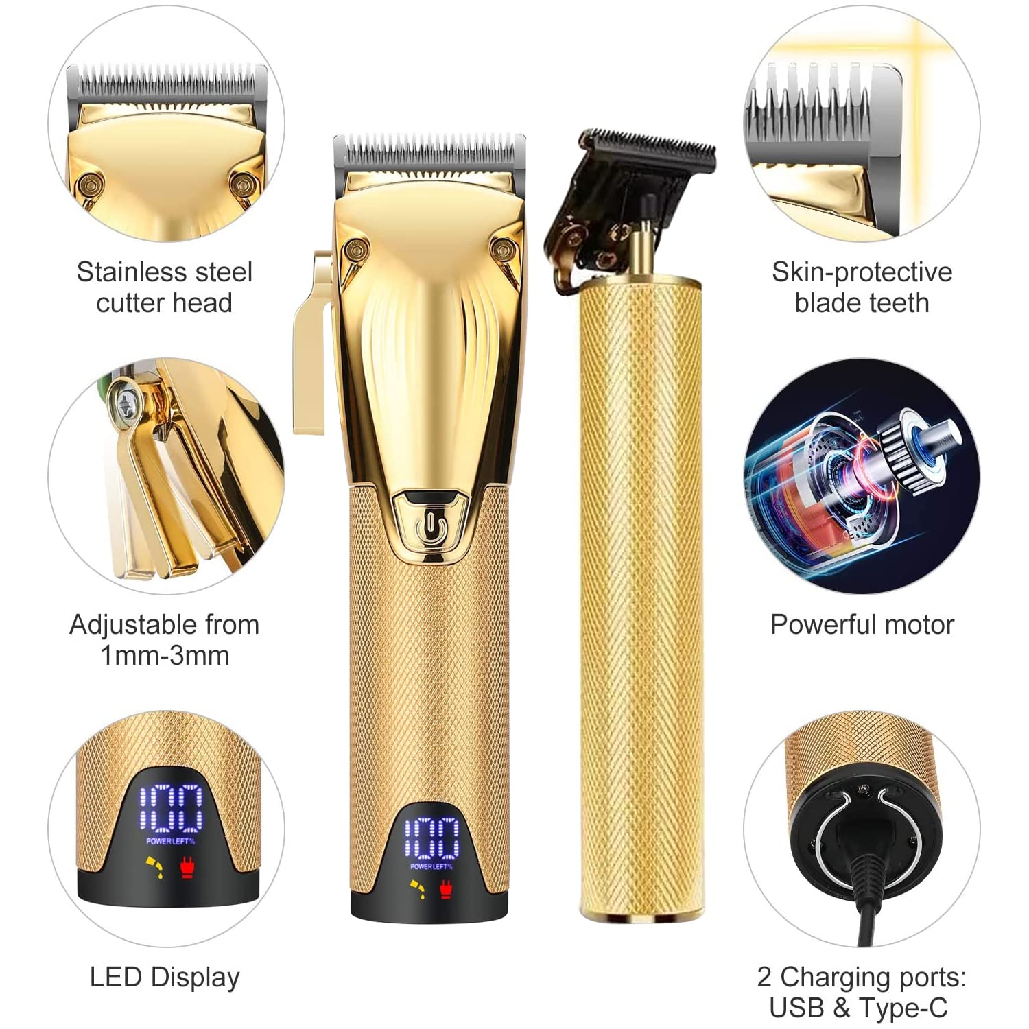 COSYONALL Hair Clippers Men, Beard Trimmer Professional Cordless Stainless Steel Electric Shaver 6000RPM with LED Display and 2500mAh/1200mAh Rechargeable Battery Ceramic Blade for Adult Child