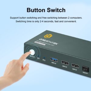 USB 3.0 KVM Switch Displayport 2 Port 4K@60Hz, DP KVM with USB 3.0 & USB 2.0 Port, KVM Switch for 2 PCs Share 1 Monitor and Keyboard Mouse, Button Switch, with 2 DP Cables and 2 USB 3.0 Cables