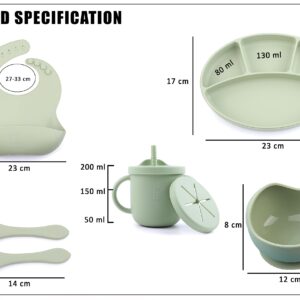 Silicone Feeding Utensils Set 8Pcs For Baby- Led Weaning Essentials-Divided Suction Plate-Lid-Bowl-Fork-Spoon-Adjustable Bib-2in1 Drinking + Snack Cup, Gift for Infant and Toddler (Oliver Green)