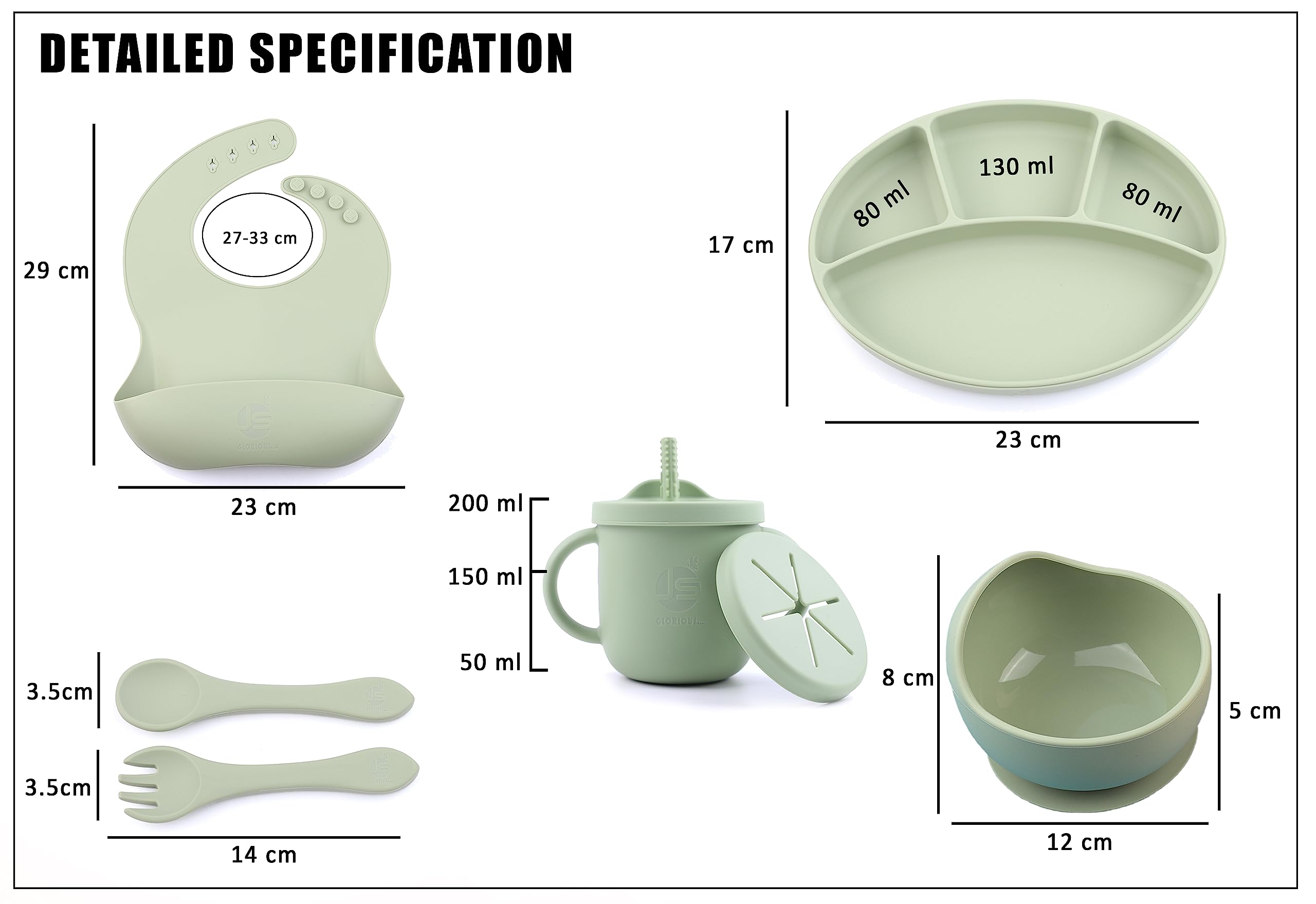 Silicone Feeding Utensils Set 8Pcs For Baby- Led Weaning Essentials-Divided Suction Plate-Lid-Bowl-Fork-Spoon-Adjustable Bib-2in1 Drinking + Snack Cup, Gift for Infant and Toddler (Oliver Green)