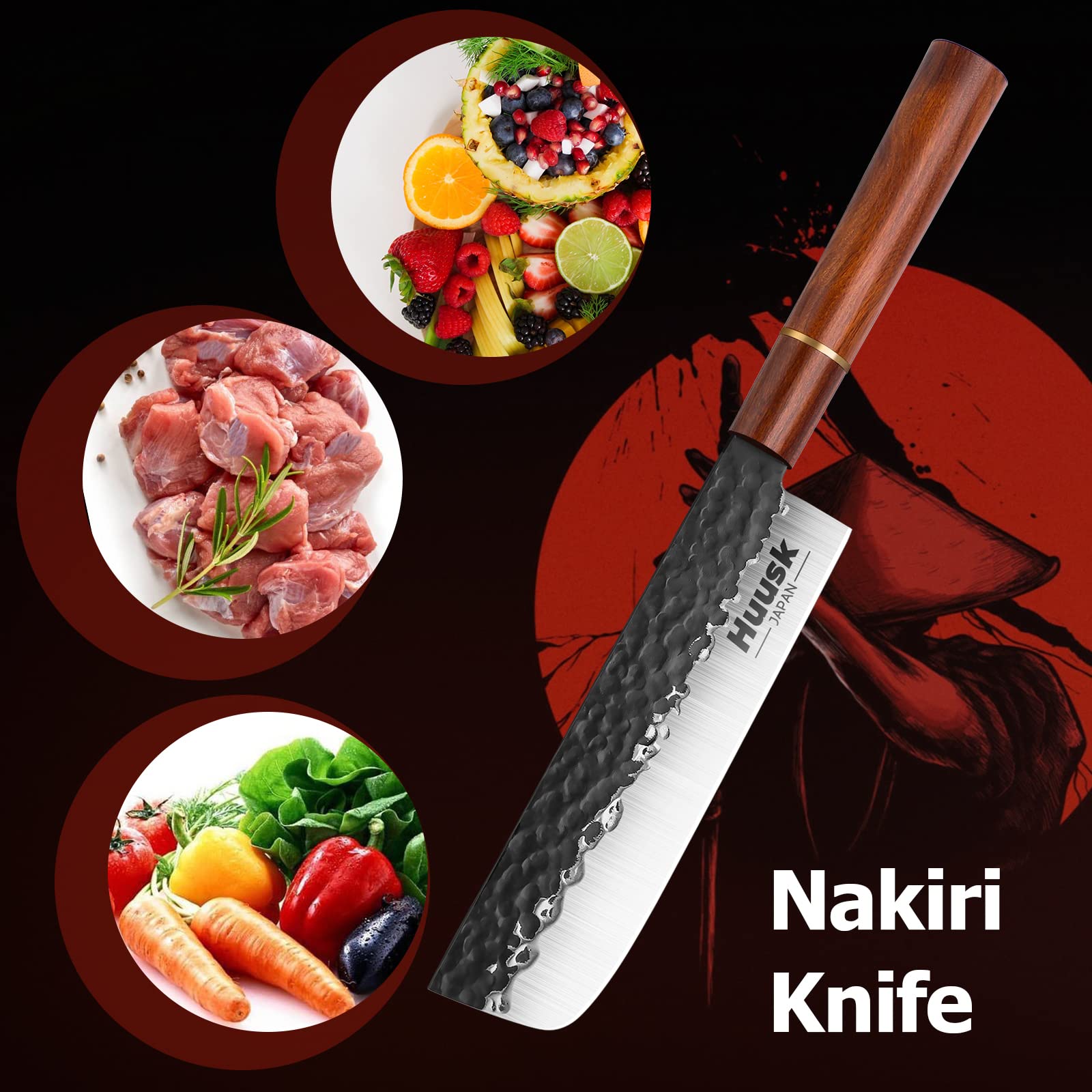 Huusk Japan Knife, Nakiri Knife Japanese Vegetable Knife 7 Inch, Multipurpose Asian Kitchen Chef Knife,Hand Forged High Carbon Steel Sharp Cleaver, Ergonomic Rosewood Handle, Gift Box for Dad