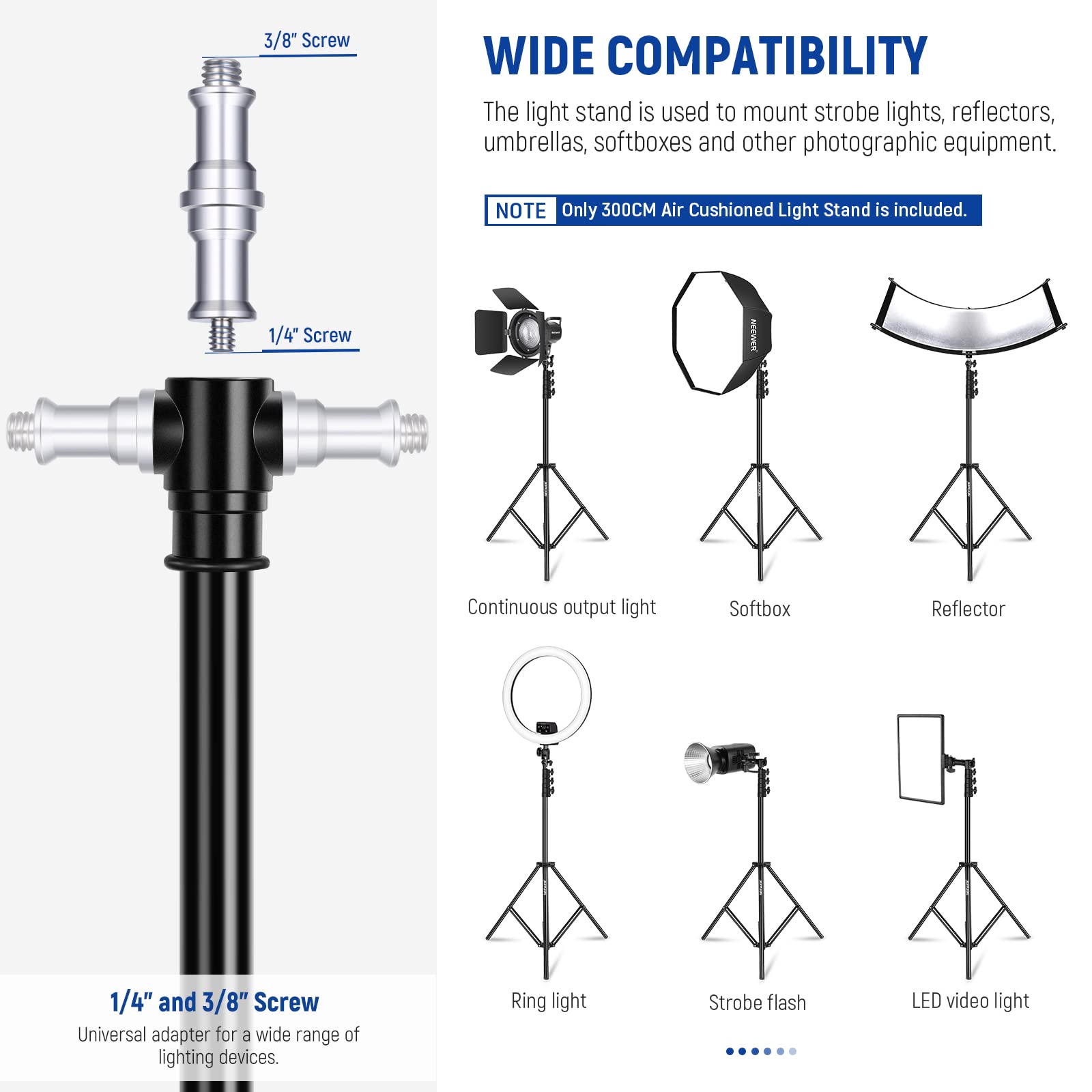 NEEWER 9.8ft/3m Air Cushioned Light Stand, Heavy Duty Metal Photography Tripod Stand with 1/4" to 3/8" Reversible Spigot, 3 Way Mounting Interface & Metal Locking Knobs, Max Load 5.5lb/2.5kg