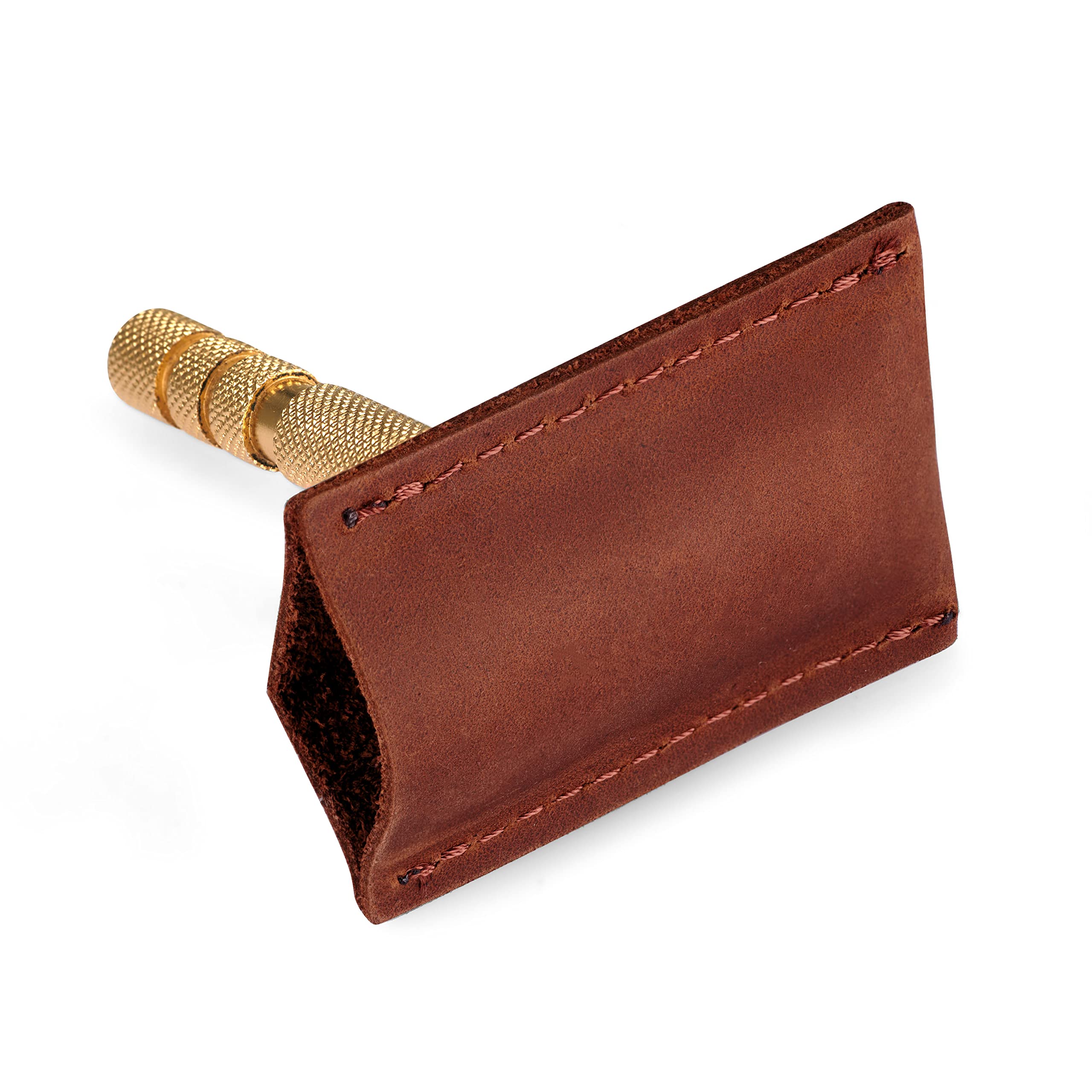 Safety Razor Head Protecting Leather Cover, Genuine Cowhide Leather Double Edge Safety Razor Case Accessories for Travel, Butterfly Razor Case (Cognac)