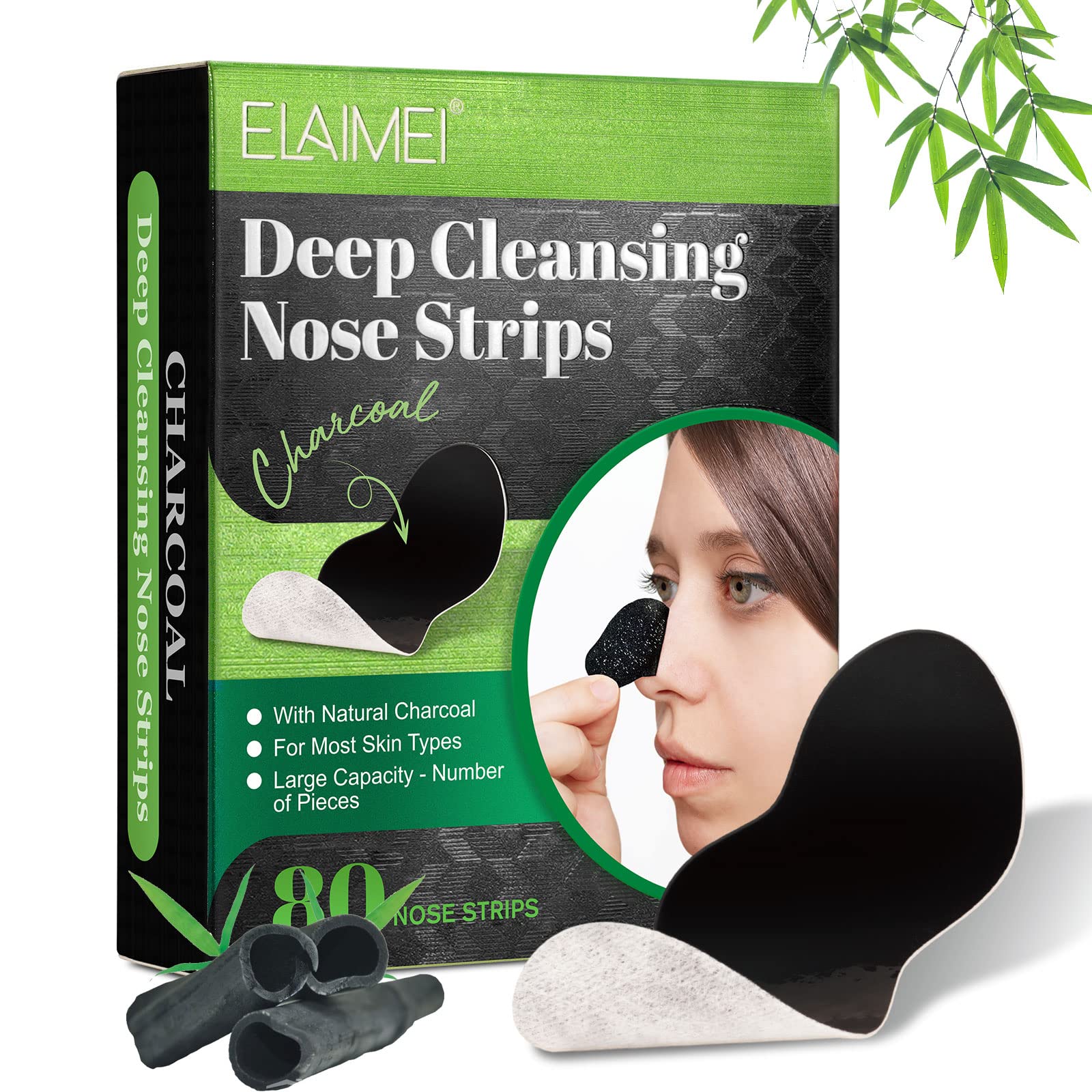 NIFEISHI Unscented Deep Cleansing Charcoal Pore Strips, 80 Count, Removes Blackheads, Tightens Pores, For Face and Nose