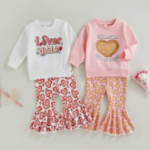 2Pcs Toddler Baby Girls Valentine's Day Outfits Letter Print Sweatshirts Pullover Tops Heart Print Flare Pants Clothes (Pink, 2-3 Years)