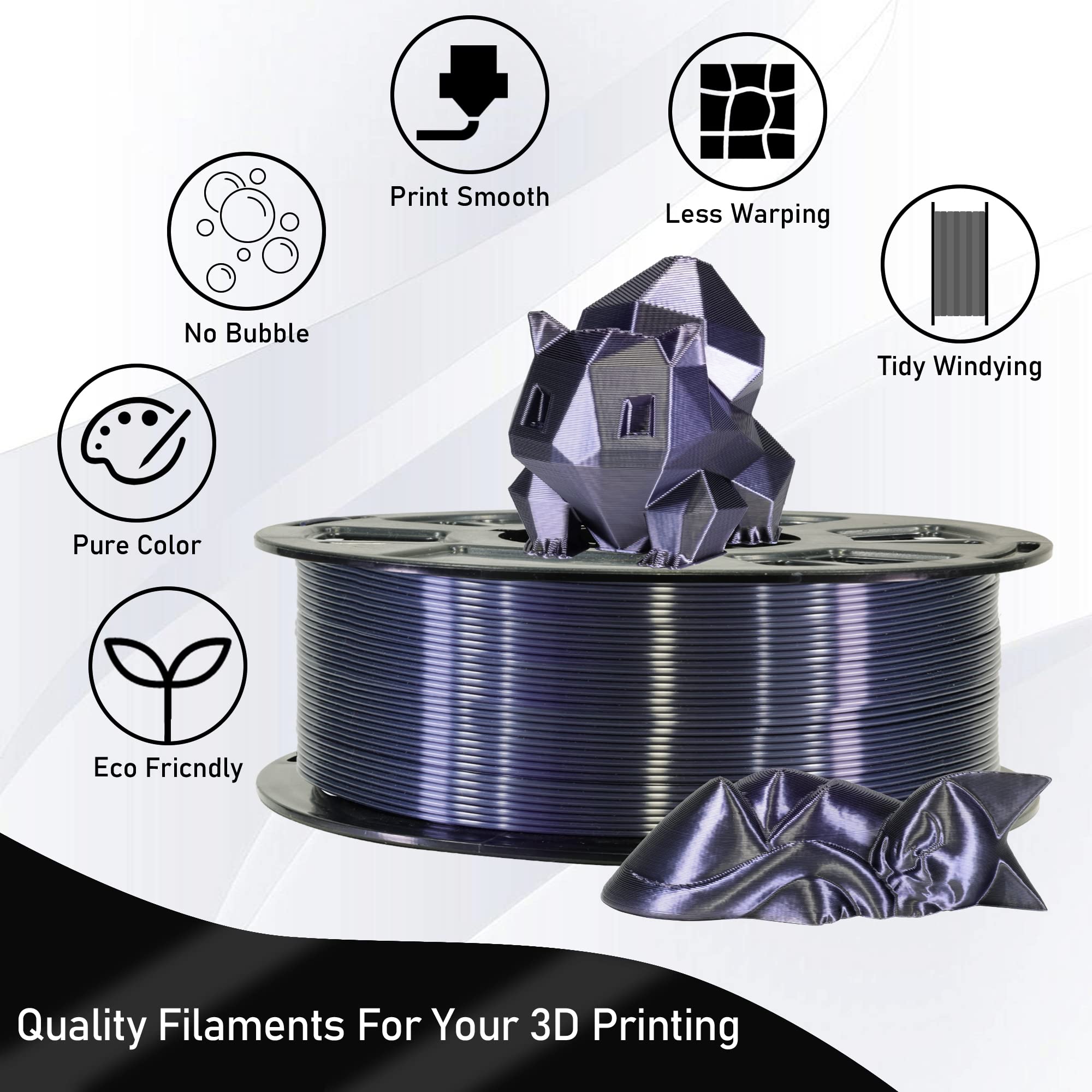 MIKA3D Silk Black Shiny PLA 3D Printing Filament, 1KG 2.2Lbs 3D Print Material with 1.75mm High Diameter Accuracy, Neatly Wound Silk PLA Widely Support for FDM 3D Printers