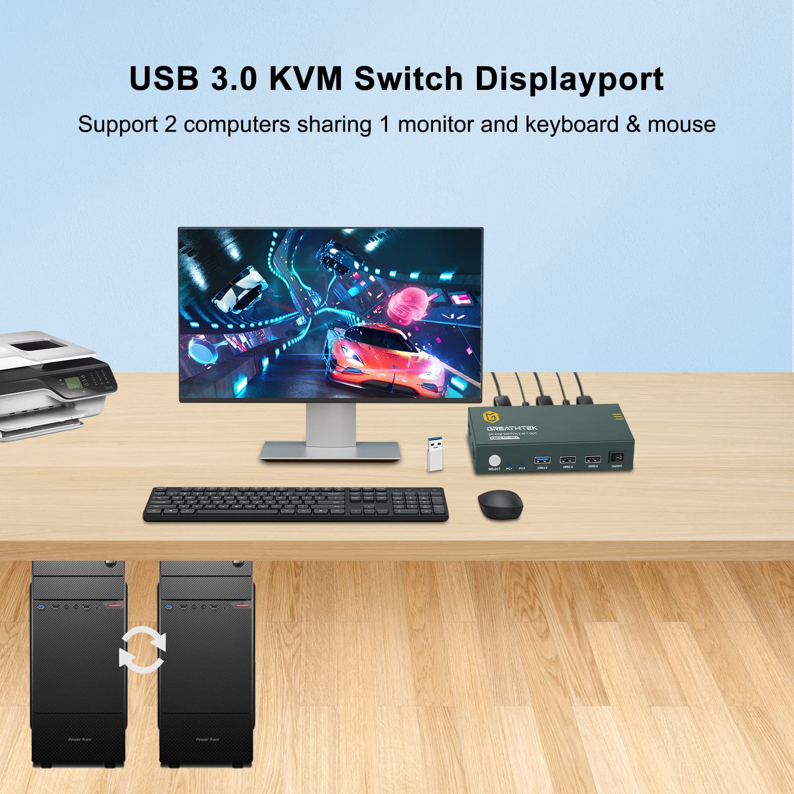 USB 3.0 KVM Switch Displayport 2 Port 4K@60Hz, DP KVM with USB 3.0 & USB 2.0 Port, KVM Switch for 2 PCs Share 1 Monitor and Keyboard Mouse, Button Switch, with 2 DP Cables and 2 USB 3.0 Cables