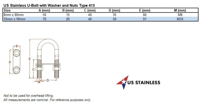 US Stainless Stainless Steel 316 UBolt M10 (3/8") by 90mm Marine Grade