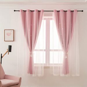 LUGOTAL Pink Curtains for Girls Bedroom Kids Baby Room Decor Cute Double Layer Star Cutout Curtains Room Darkening Window Curtains for Nursery (Pink, 42W x 84L,2 Panels)