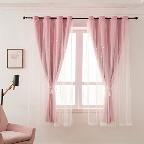 LUGOTAL Pink Curtains for Girls Bedroom Kids Baby Room Decor Cute Double Layer Star Cutout Curtains Room Darkening Window Curtains for Nursery (Pink, 42W x 84L,2 Panels)