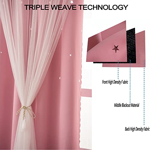 LUGOTAL Pink Curtains for Girls Bedroom Kids Baby Room Decor Cute Double Layer Star Cutout Curtains Room Darkening Window Curtains for Nursery (Pink, 42W x 84L,2 Panels)