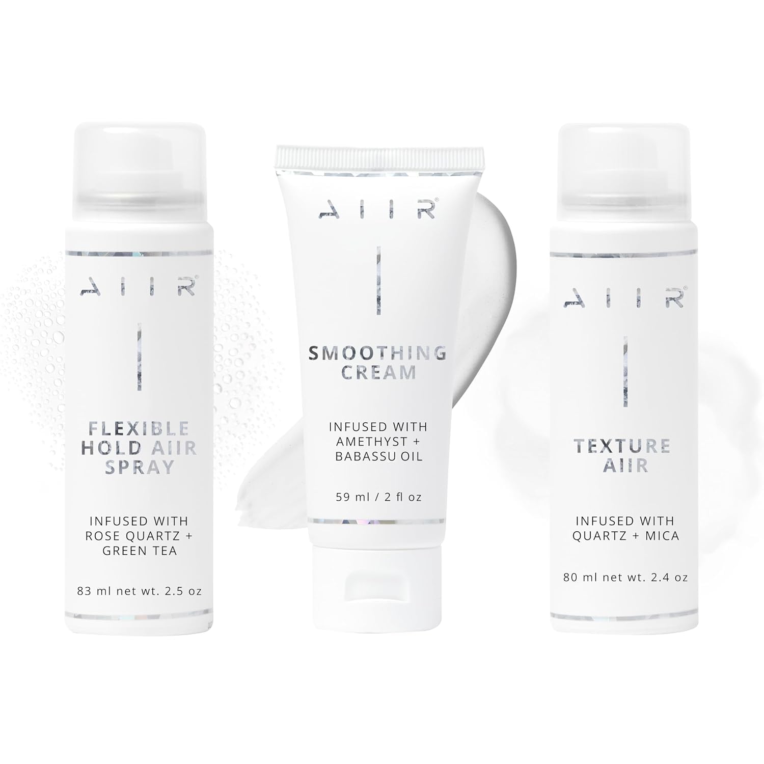 AIIR Professional Travel Size Haircare Bundle - Texture Spray, Smoothing Cream, Flexible Hold Hairspray & Travel Bag, Vegan Hair Care Infused with Crystals, Clean Beauty