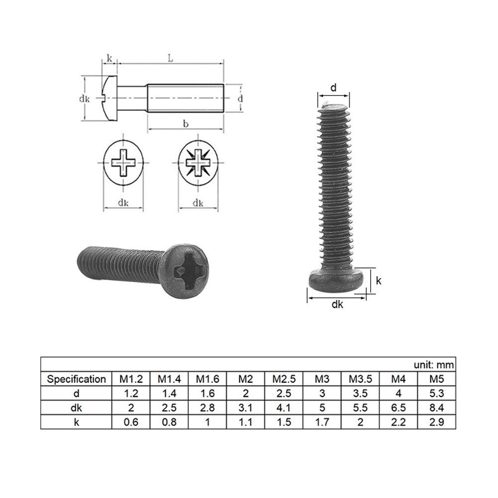 WAAZVXS 650pcs Cross Recessed Round Pan Head Machine Screws Set M1.4 M1.7 M2 M2.5 M3 Mini Screw Laptop Computer Screw Cross Screw Kit