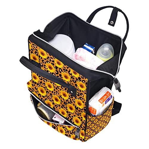 Sunflowers on Leopard Background Diaper Bag Backpack Baby Nappy Changing Bags Multi Function Large Capacity Travel Bag