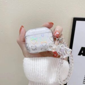 Clear Holographic Heart Case Compatible for Airpods Pro 2nd,Love Heart Laser Pattern Aesthetic Glitter AirPods Protective Cases with Cute Bear Transparent Bead Bracelet Keychain