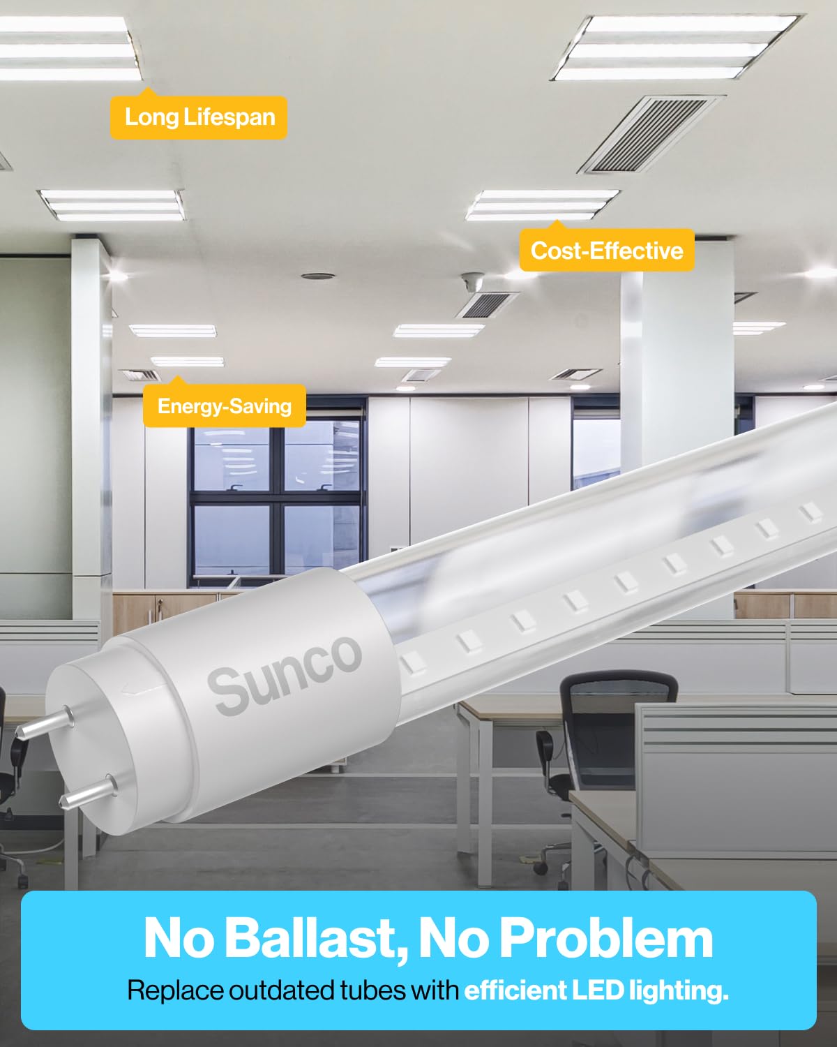 Sunco 100 Pack T8 LED Bulbs 4 Foot, LED Fluorescent Tube Replacement, 4ft LED Tube Light, Ballast Bypass, 18W, 2200 LM, 6000K Daylight Deluxe, Single Ended Power, Clear Lens, UL