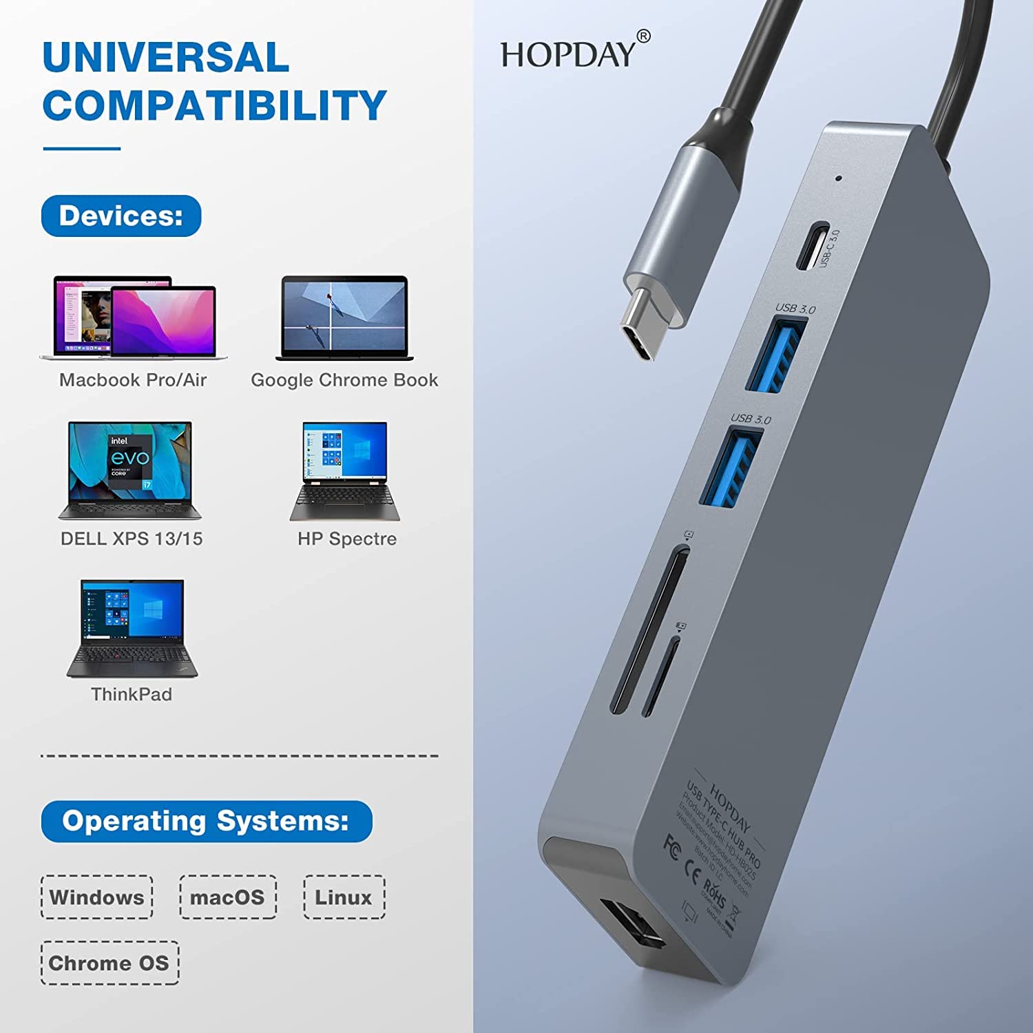 HOPDAY 10 in 1 USB C Hub, USB C Adapter MacBook Pro/Air iPad Pro Adapter with 4K HDMI Output, Compatible for Laptop, Surface Pro 8, Type C Devices (PD 100W USB 3.0 TF Card Reader)