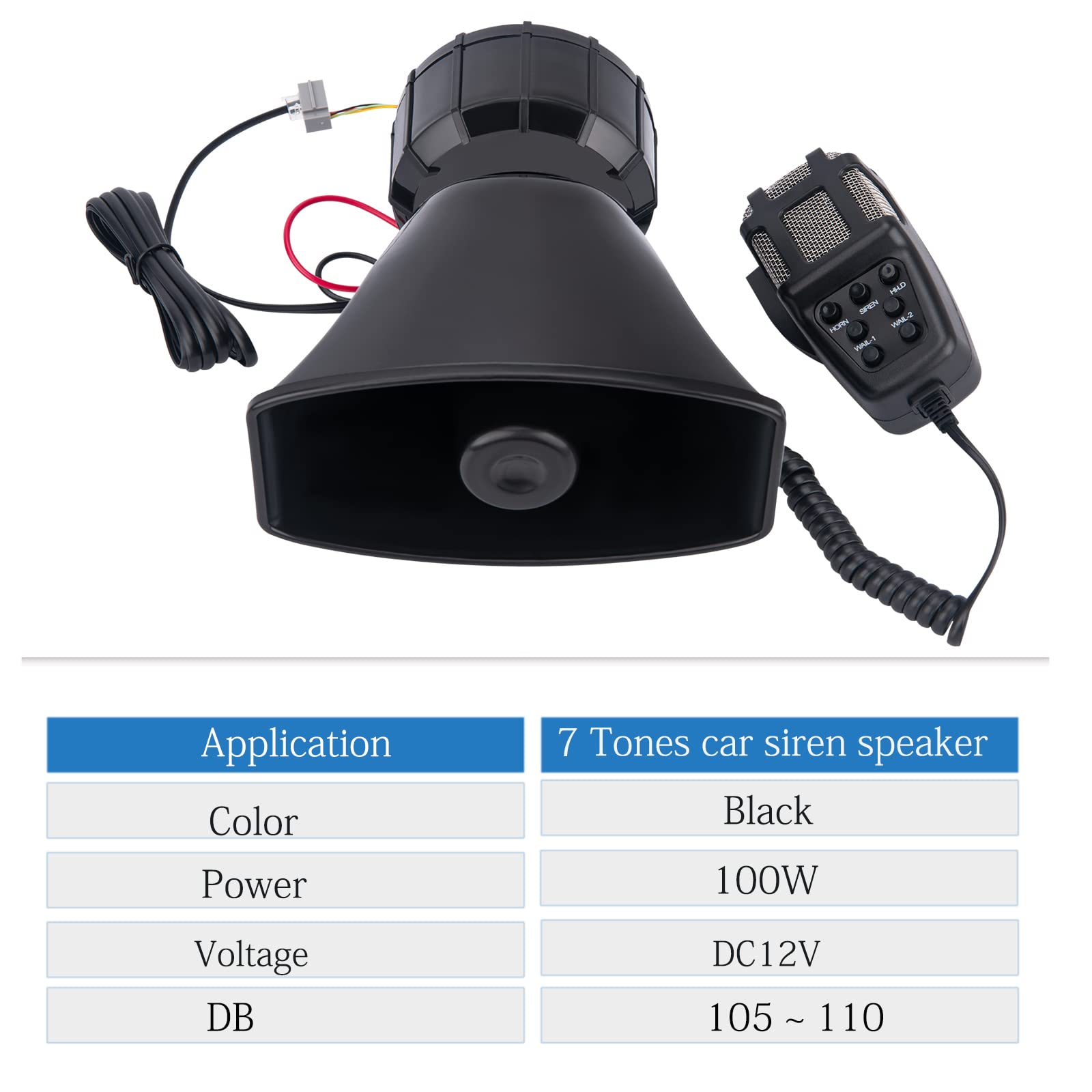 PA System for Car 100W 12V 7 Tone Sound Loud Car Siren Horn with Mic PA Speaker System, Car Megaphone Universal Fit