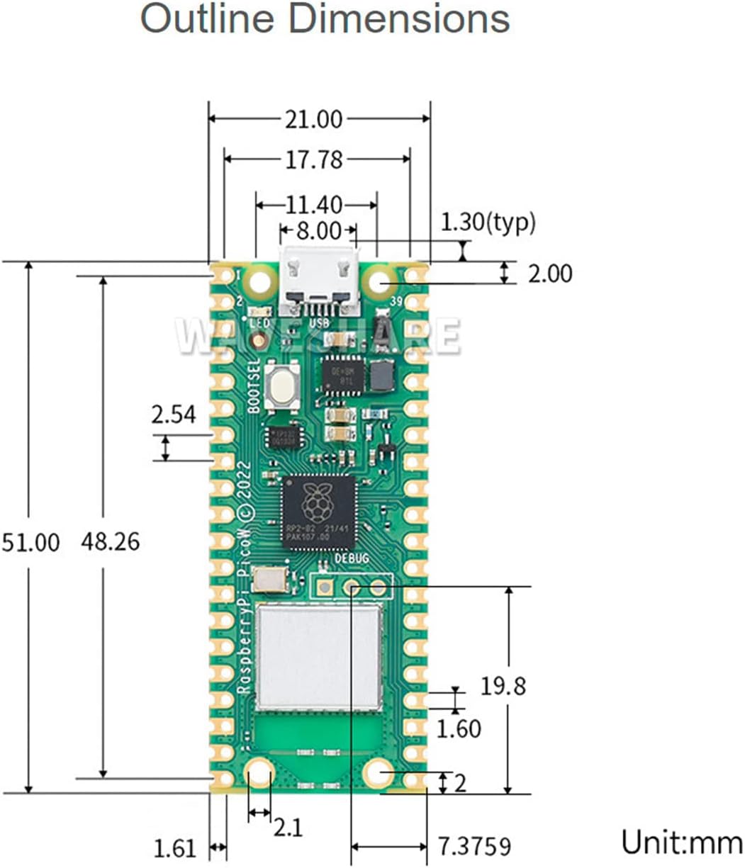 waveshare Pre-Soldered Header Raspberry Pi Pico W, Built-in WiFi Support 2.4 GHZ Wi-Fi 4, Based on Official RP2040 Dual-Core Processor,Dual-core Arm Cortex M0+ Processor